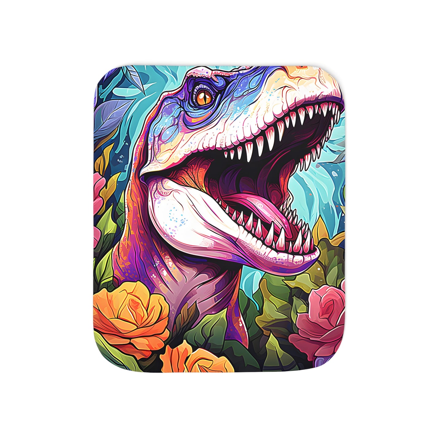 Colorful Blanket featuring a T-Rex in floral setting, vibrant roses and leaves