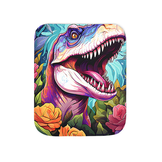 Colorful Blanket featuring a T-Rex in floral setting, vibrant roses and leaves