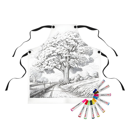 Aprons featuring illustrations of forests, woodland scenes, countryside views, and nature-inspired designs