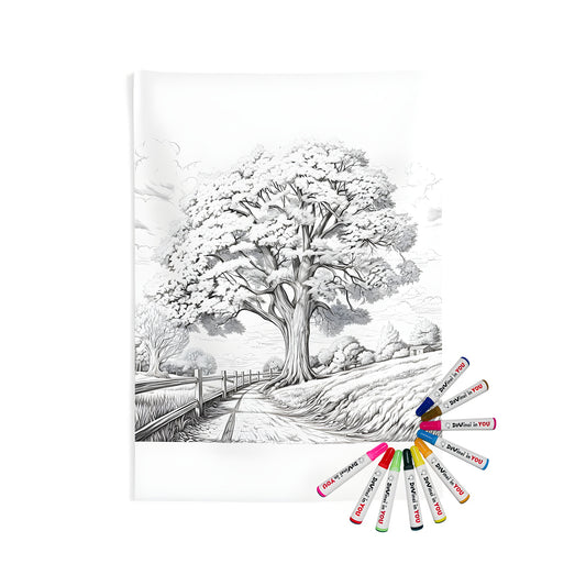 Tree and countryside landscape wall tapestry - large tree illustration by a path surrounded by fields and fence