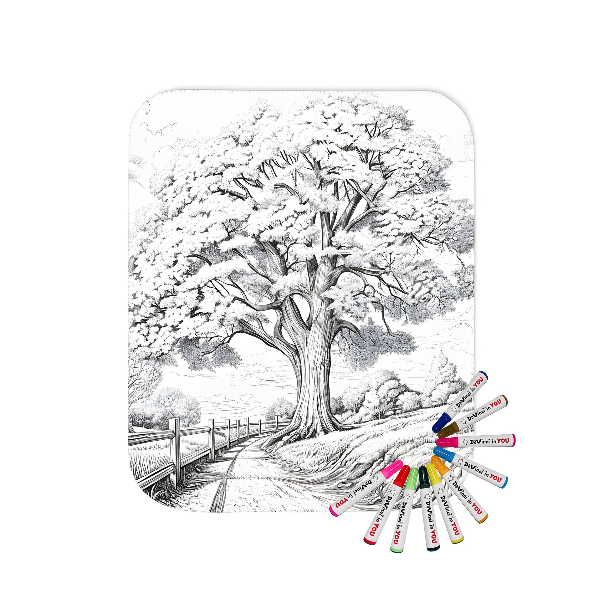 Blanket with a serene landscape of a tree, countryside scenery, woodland scene, outdoor design, scenic blanket, nature-inspired throw