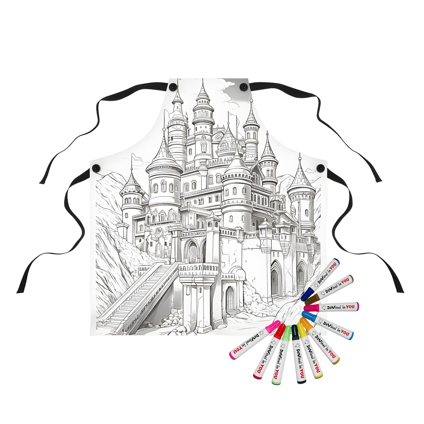 Apron with medieval castle design, detailed illustration of a grand fortress, fantasy palace