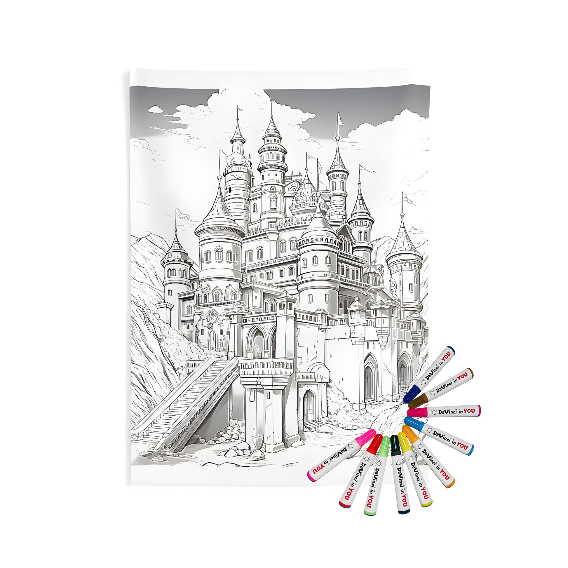 Medieval castle wall tapestry with detailed illustration and fabric markers