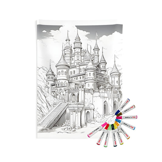 Medieval castle wall tapestry with detailed illustration and fabric markers