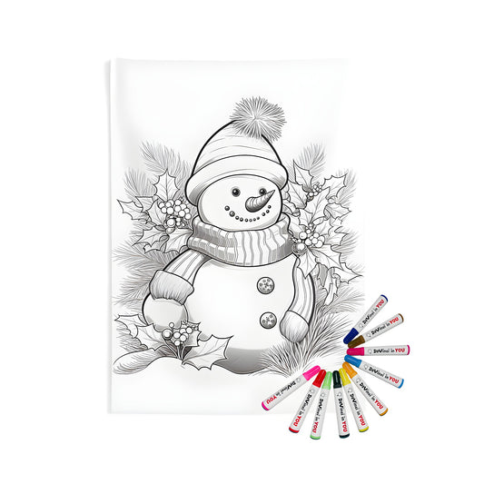 Indoor wall tapestry featuring a winter wonderland scene with a frosty snow fellow and holly