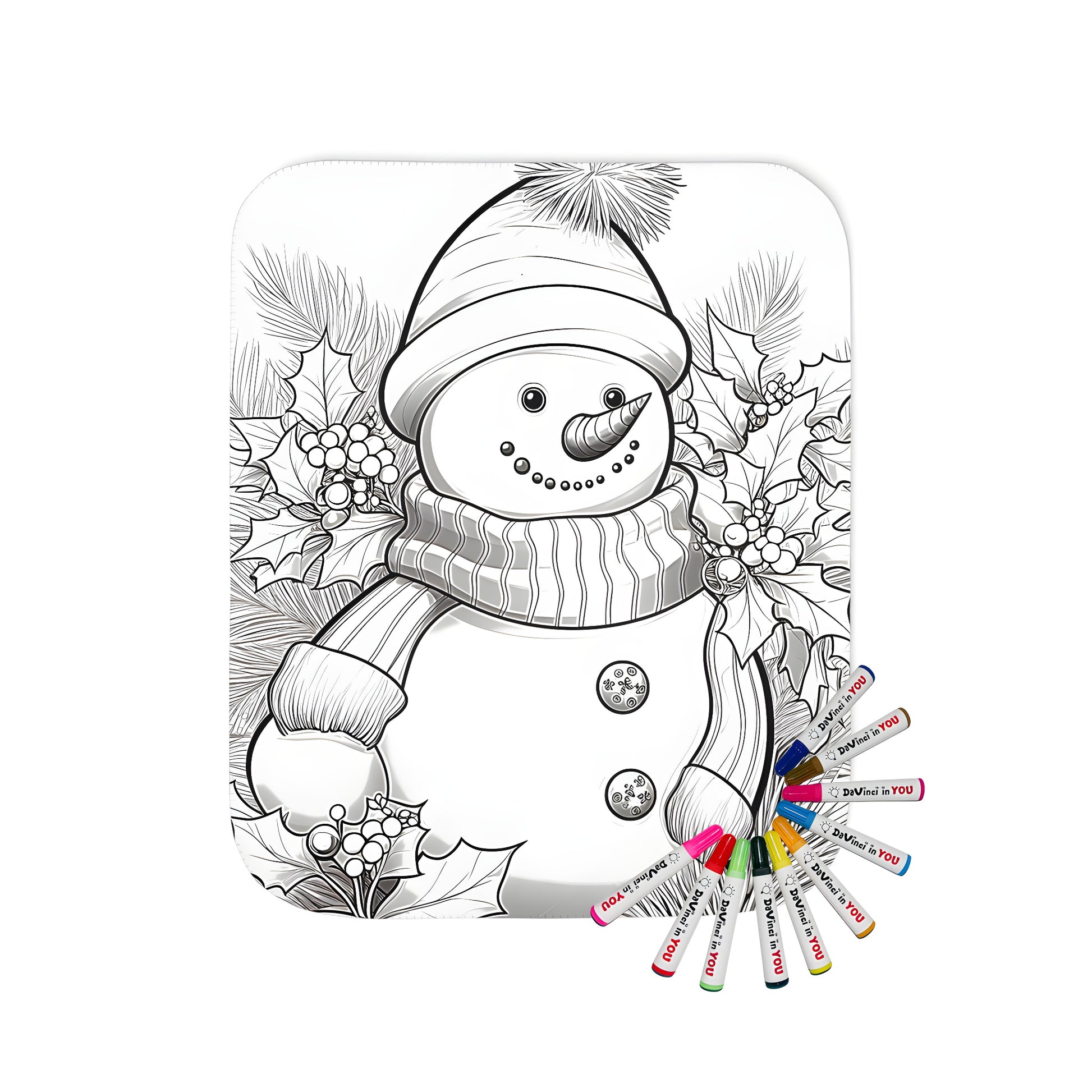 Winter wonderland snowman blanket with fabric markers for a fun and cozy coloring experience