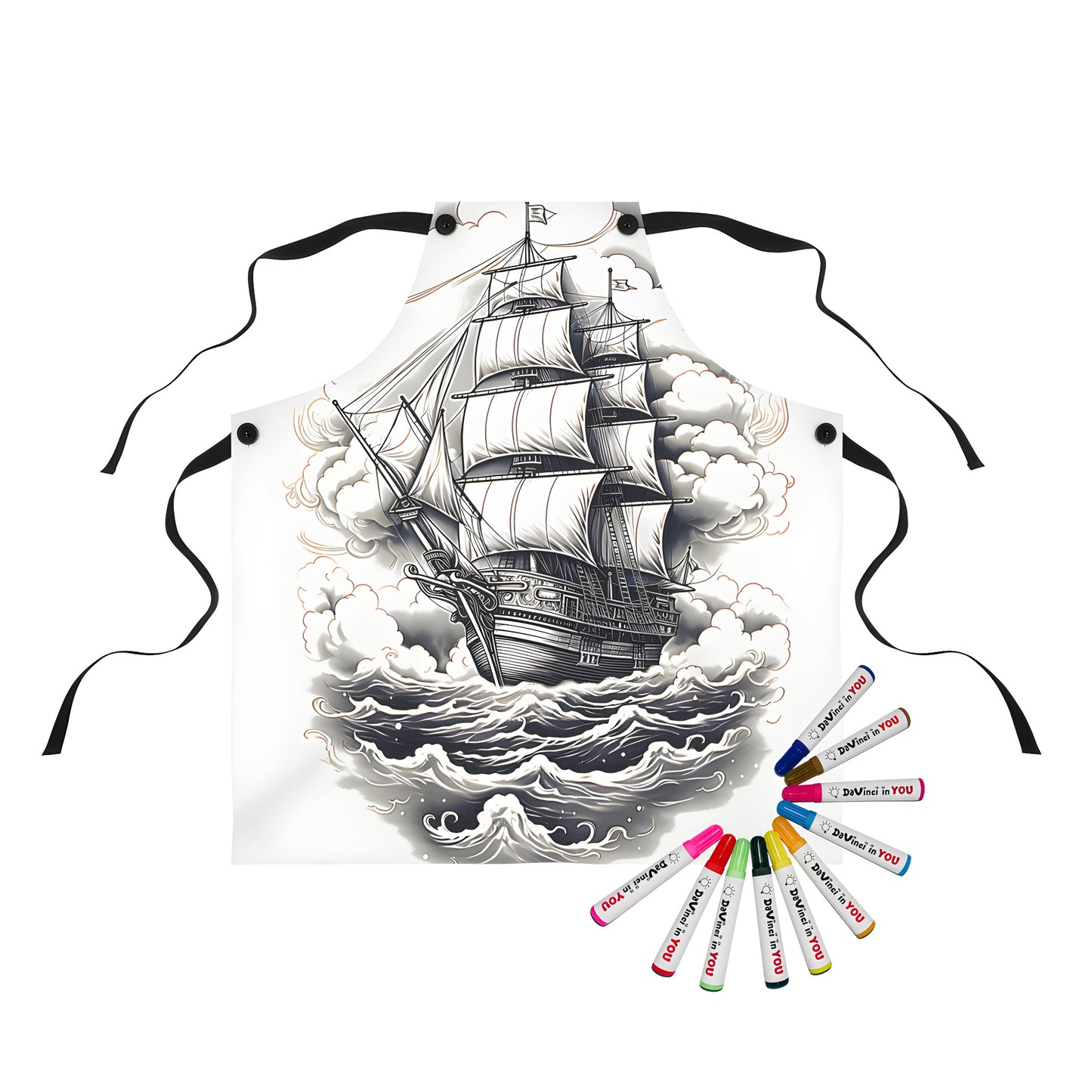 Vintage sailing ship illustration printed on colorful apron with fabric markers