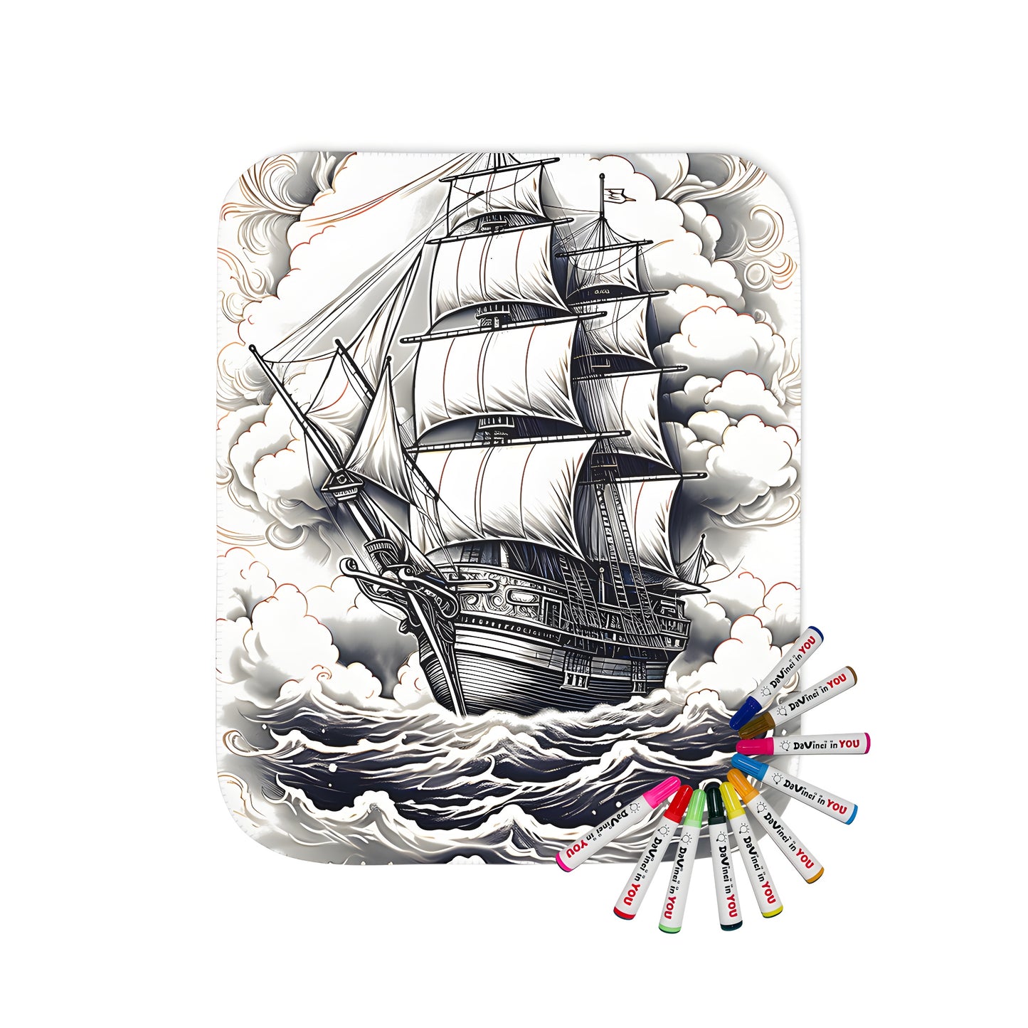 Cozy blanket with vintage sailing vessel and ocean wave design