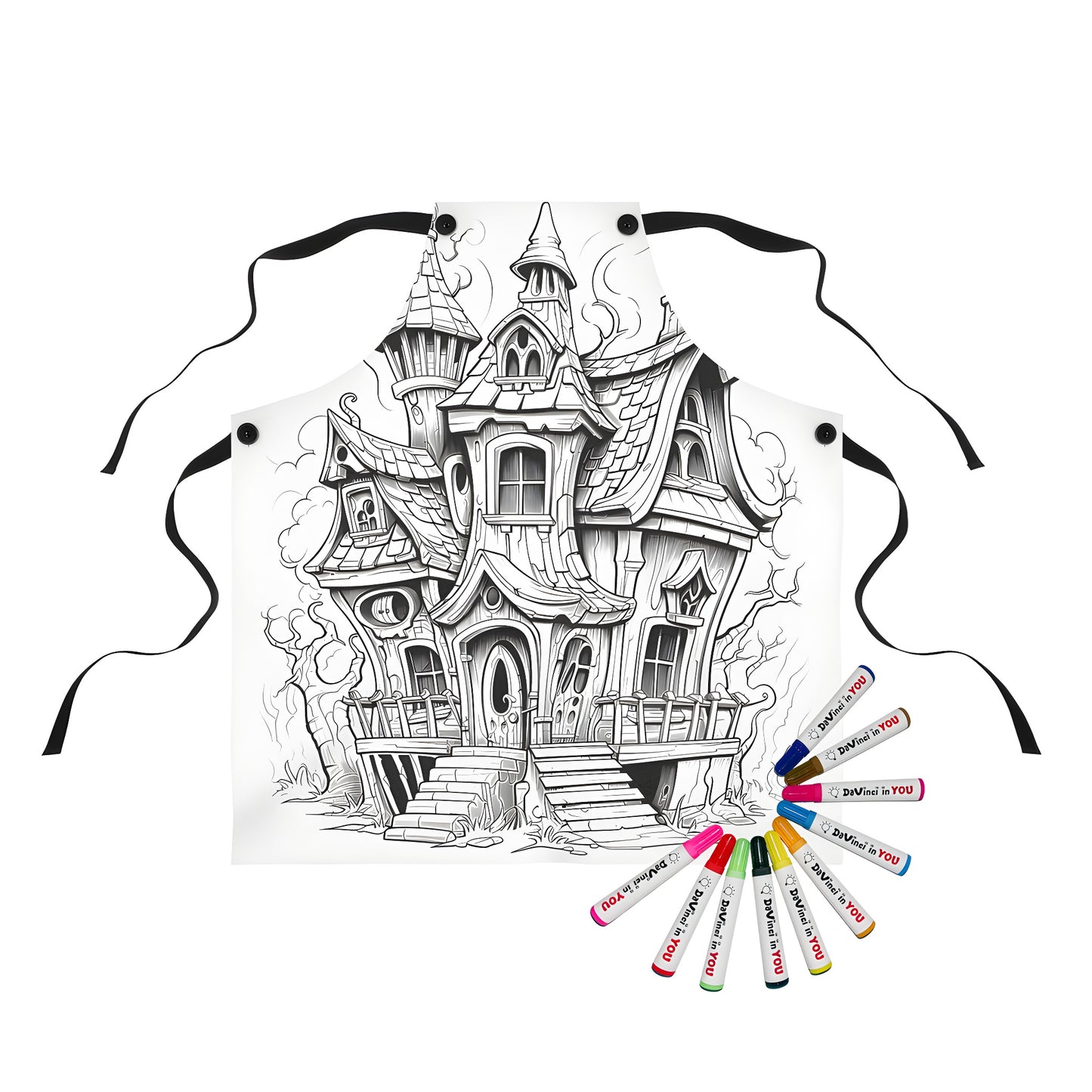 Coloring apron with whimsical fantasy house illustration featuring multiple roofs and chimneys