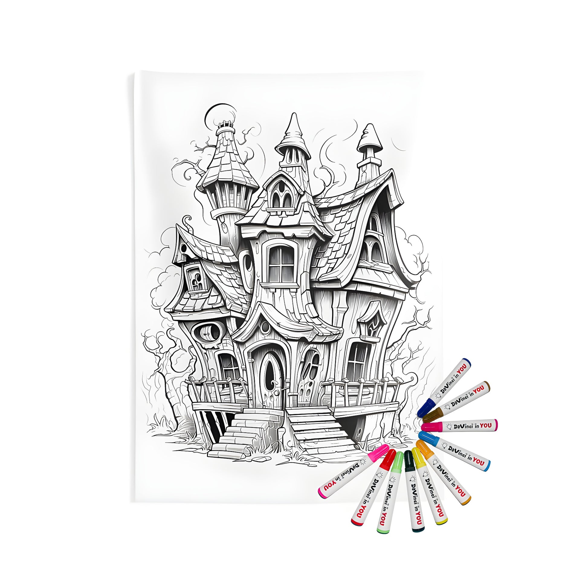 Whimsical fantasy house wall tapestries, indoor wall hangings, detailed drawing of a crooked architecture featuring multiple roofs and chimneys