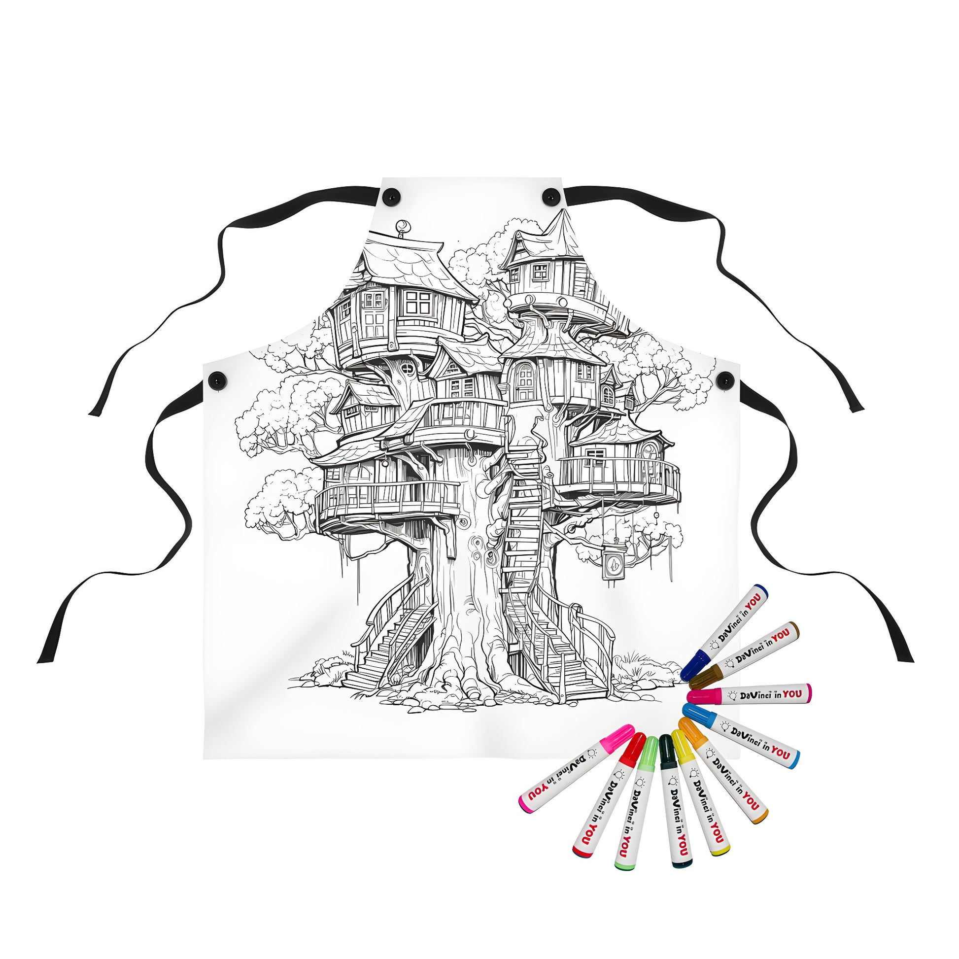 Apron with whimsical fantasy treehouse design, featuring a colorful, detailed illustration of a magical castle in the trees