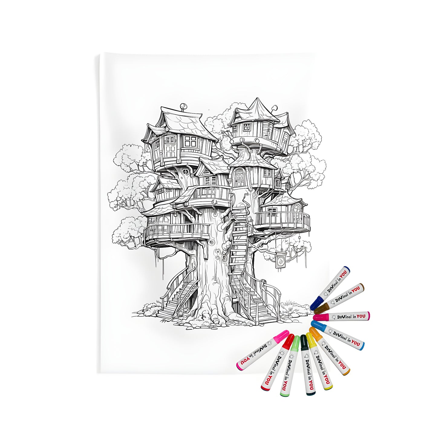 Whimsical fantasy treehouse wall hanging, detailed illustration of an intricate forest dwelling with multiple levels and winding stairs, perfect for home decor