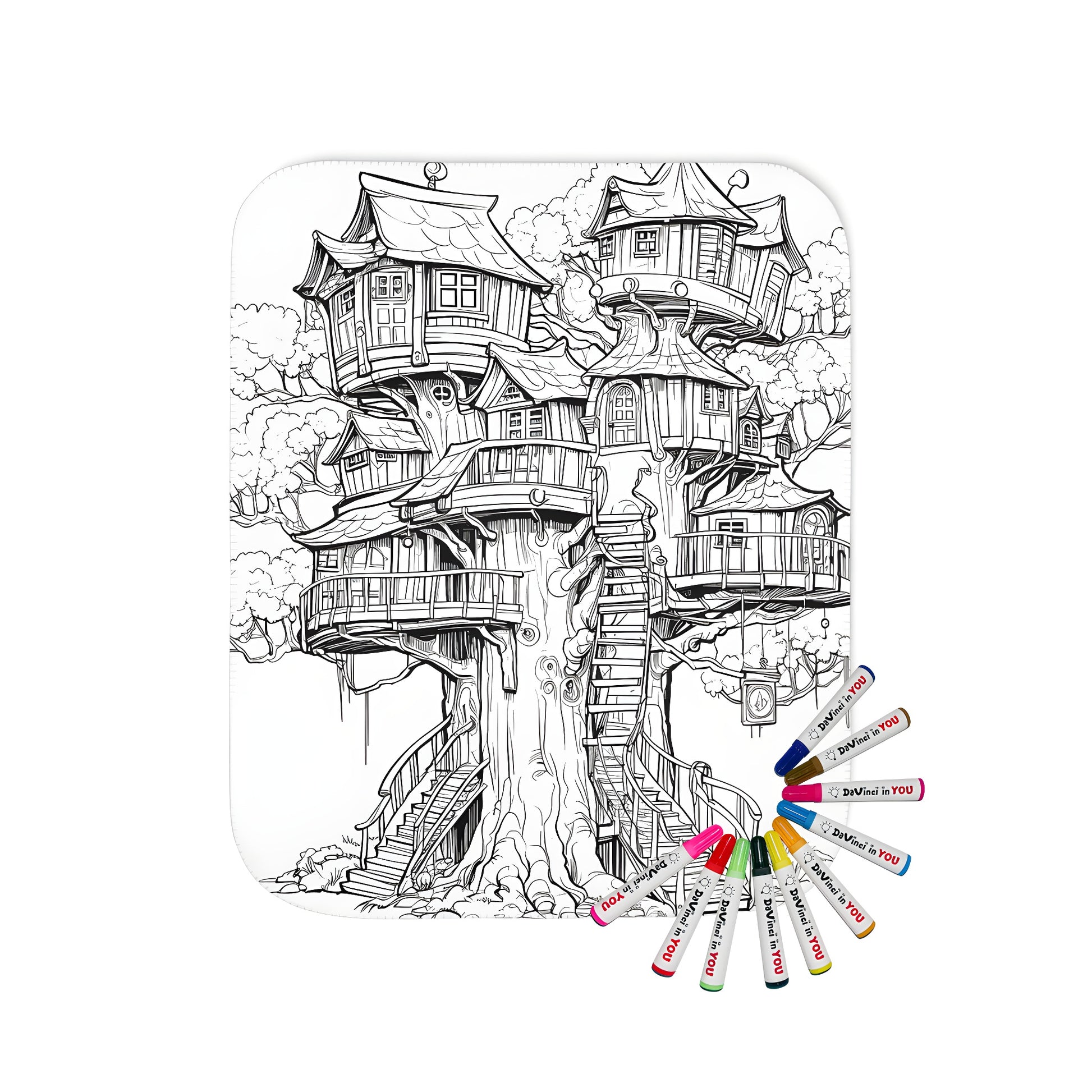 Fantasy Treehouse design blanket for sale, featuring a detailed illustration of a magical treehouse with multiple levels and winding stairs.