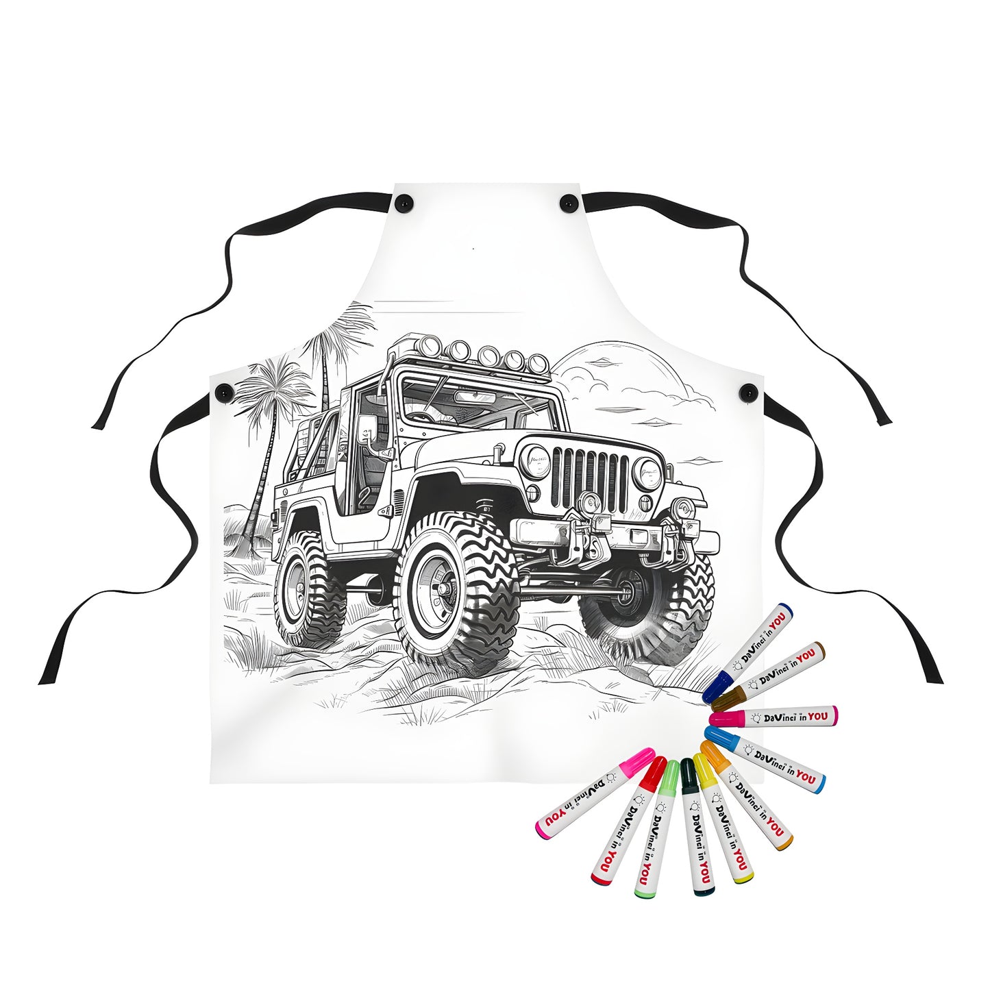 Apron featuring a detailed black and white sketch of a 4x4 vehicle driving off-road in a desert landscape with palm trees, inspired by a coloring page design, perfect for any car enthusiast or outdoor adventure lover.