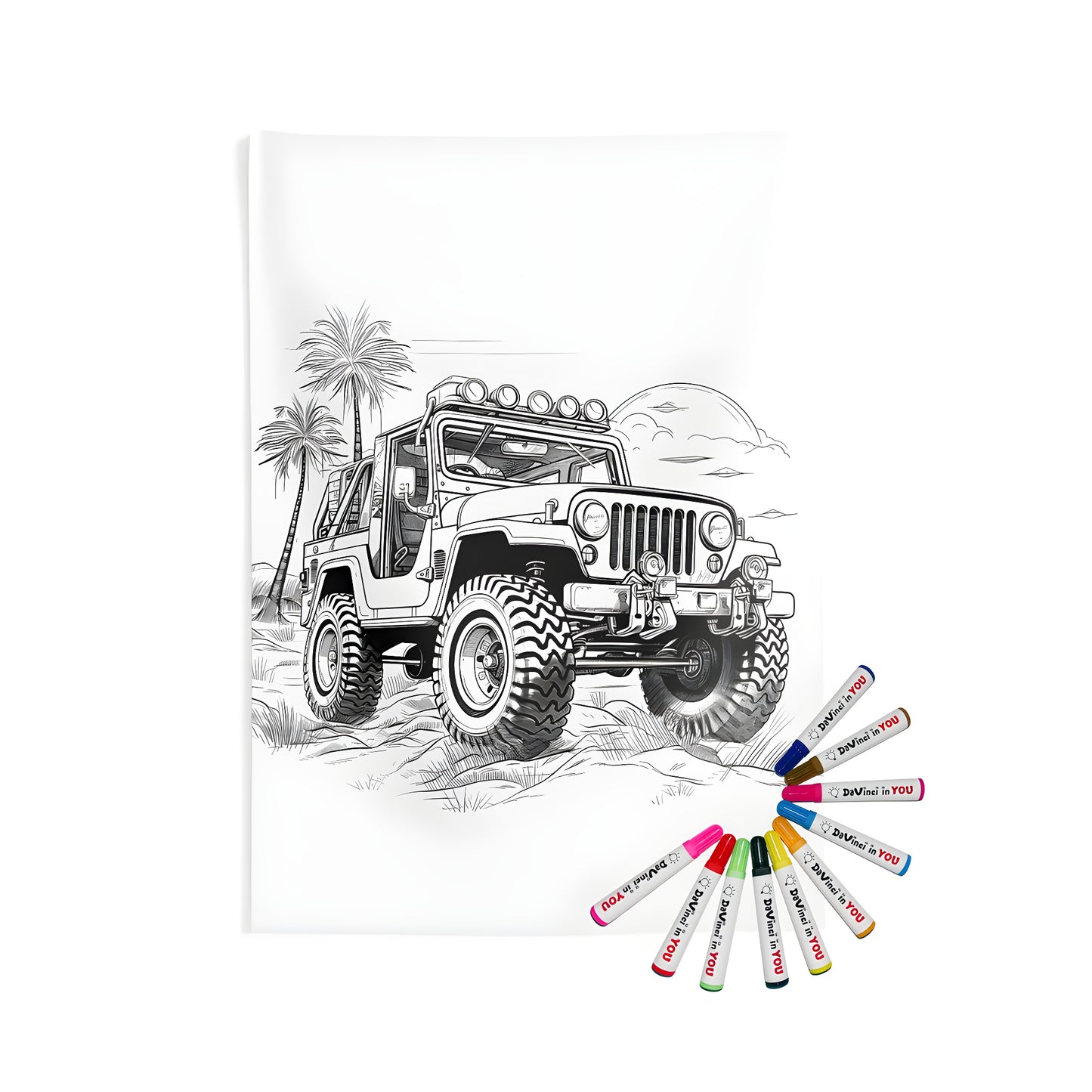 Coloring kit for indoor wall tapestries featuring a detailed black and white sketch of a truck driving off-road in a desert landscape with palm trees in the background. Includes fabric markers for creative expression.