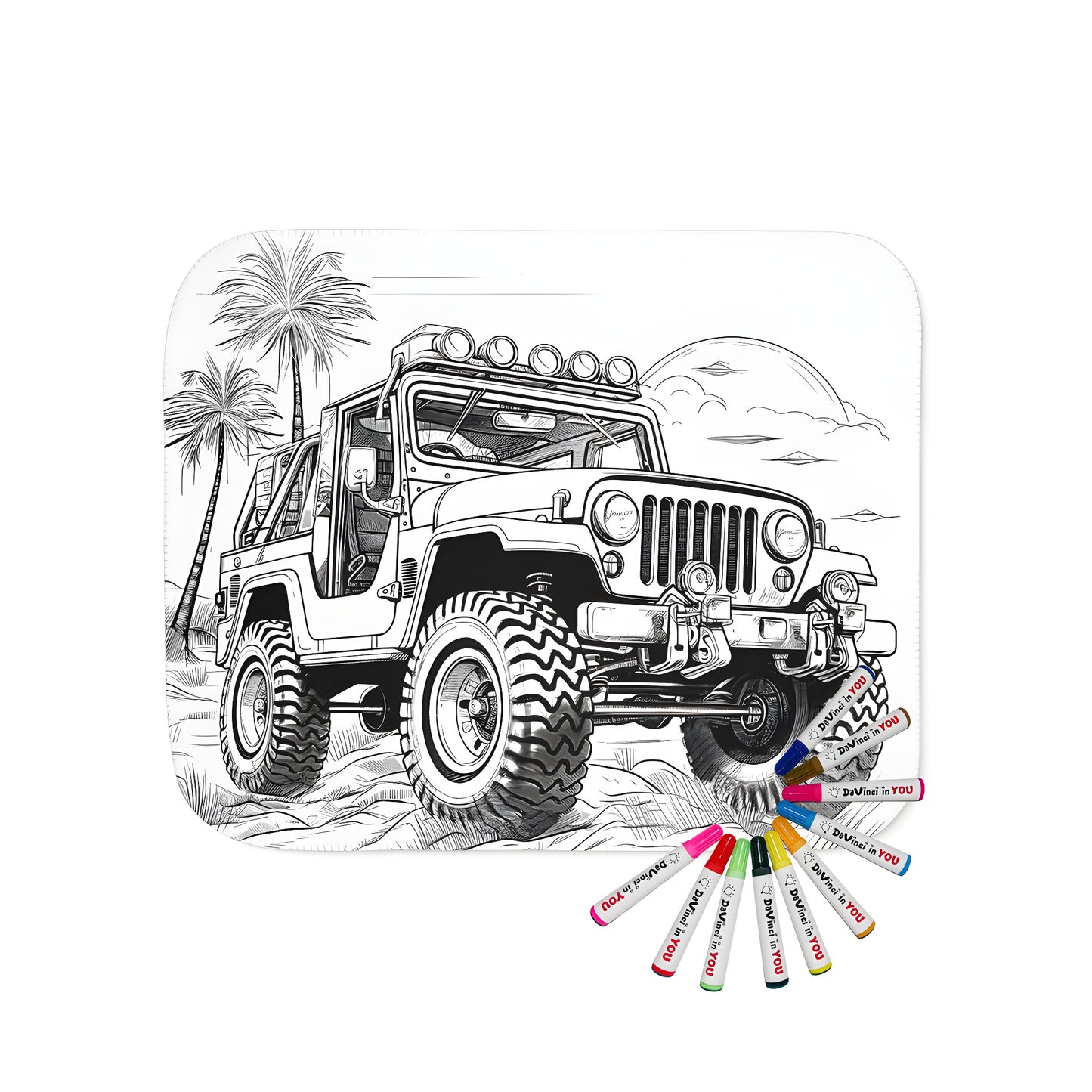 Coloring blanket for adults featuring a detailed black and white desert jeep illustration with palm trees in the background.