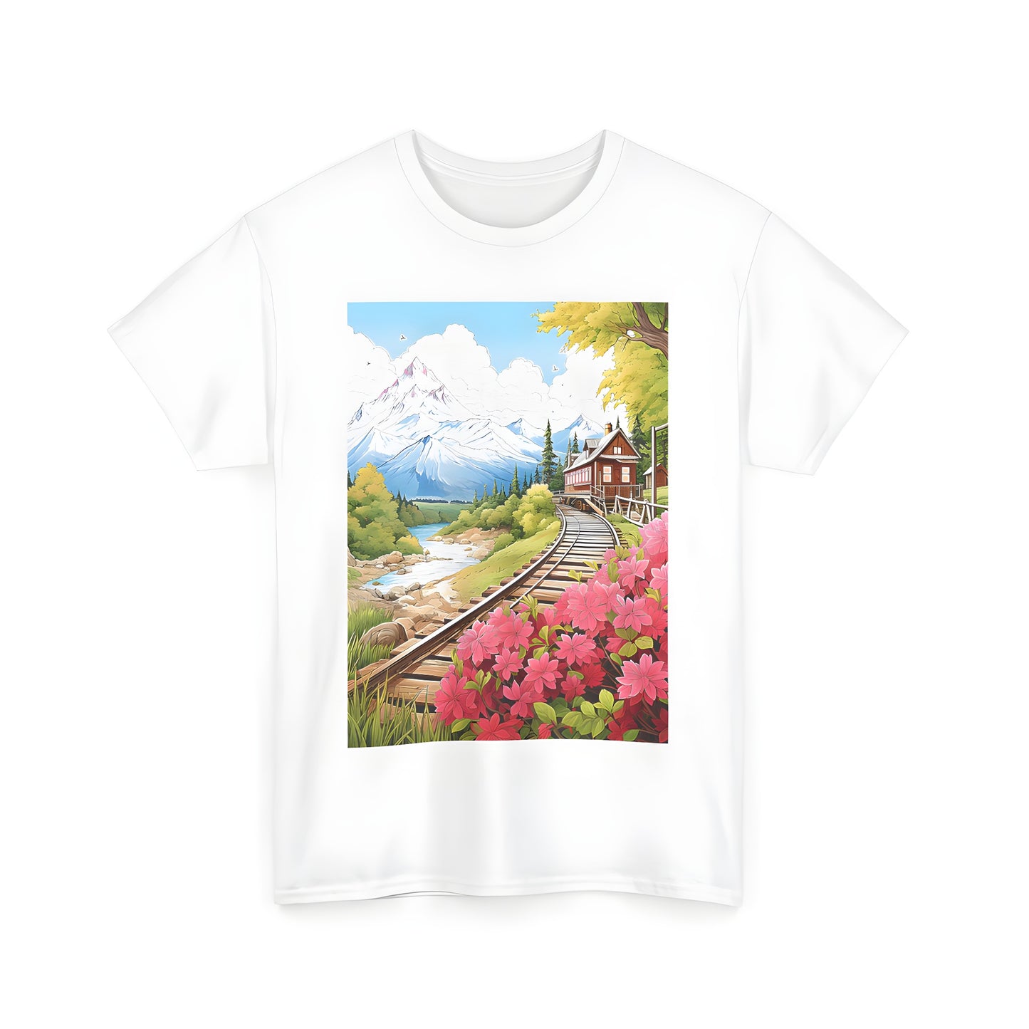 Cozy unisex tee featuring an imaginative scenic view of a serene countryside railway scene with a quaint house, surrounded by blooming flowers and lush trees, near a gentle river and distant hills.