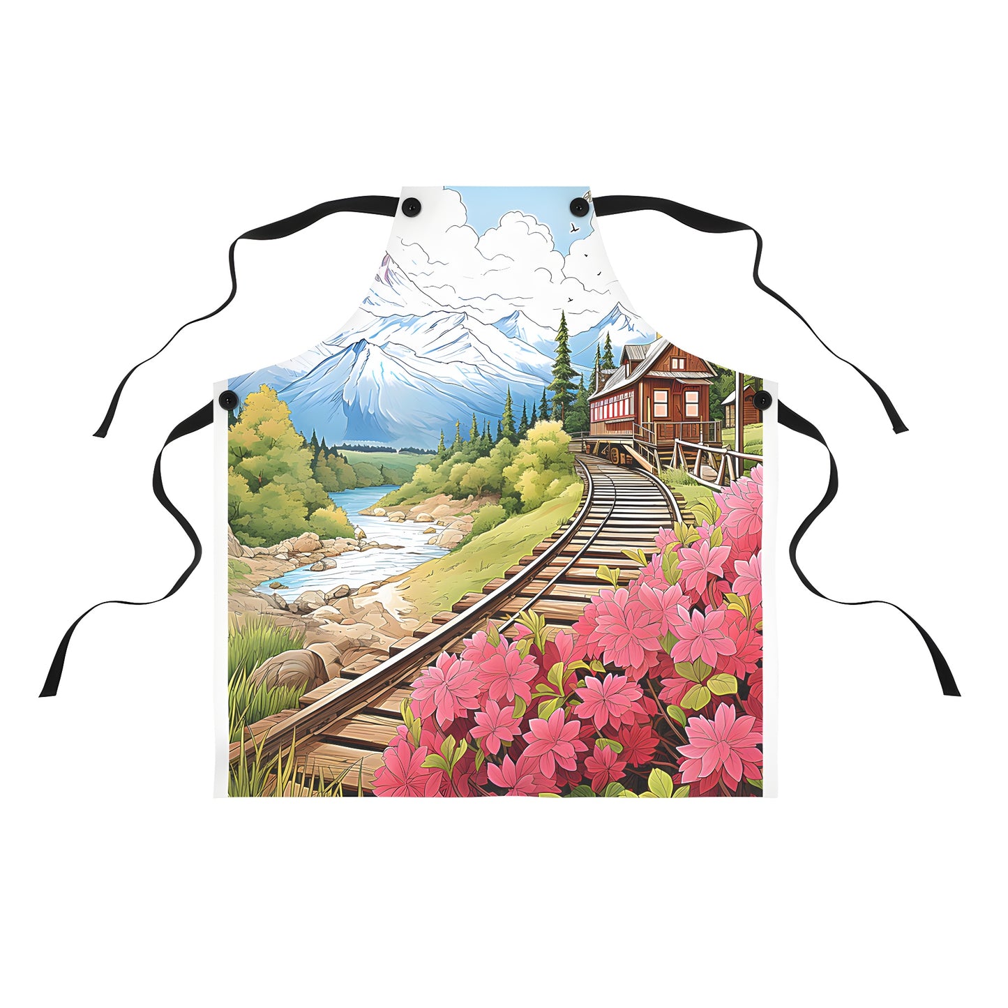 Colorful Apron with Scenic Railway Scene, House, Flowers, Trees, River, and Distant Mountains Print