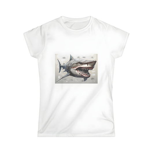 Women's T-shirt with colorful illustration of shark anatomy, featuring detailed depiction of teeth and internal body structures