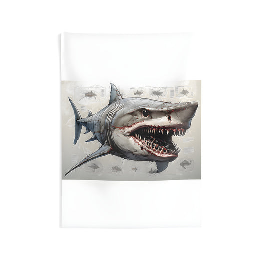 Indoor Wall Tapestry featuring an intricate illustration of a shark anatomy, including detailed anatomical features and colorful design