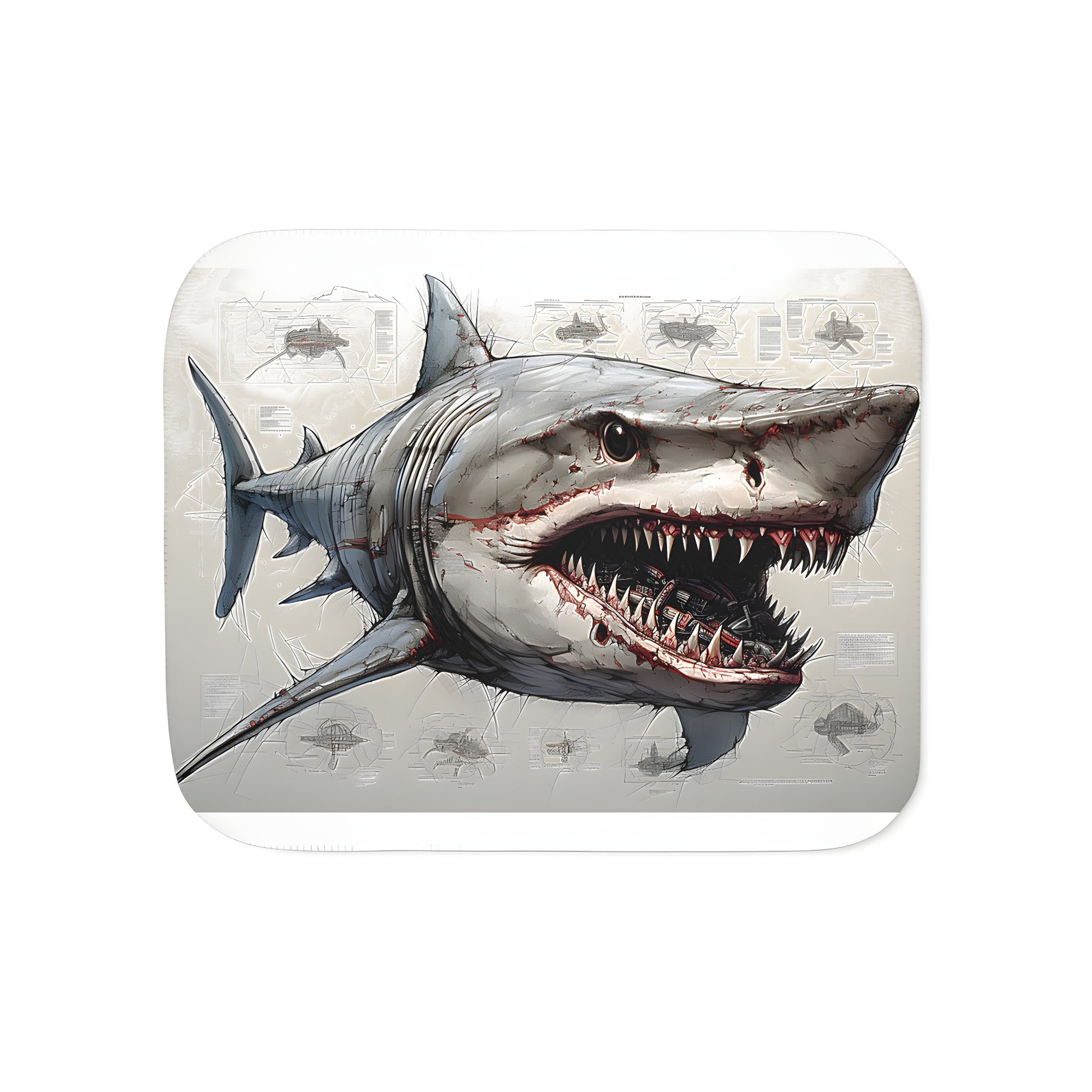 A vibrant, colorful blanket featuring an intricate illustration of a shark's detailed anatomy, showcasing its teeth and internal structures.