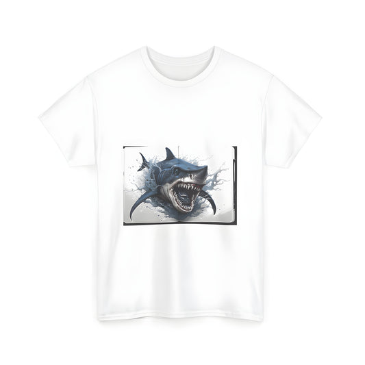 Striking illustration of a shark attacking a car on a unisex t-shirt - Aggressive Personality Tees, Bold Attitude Shirts, Fearless Fashion