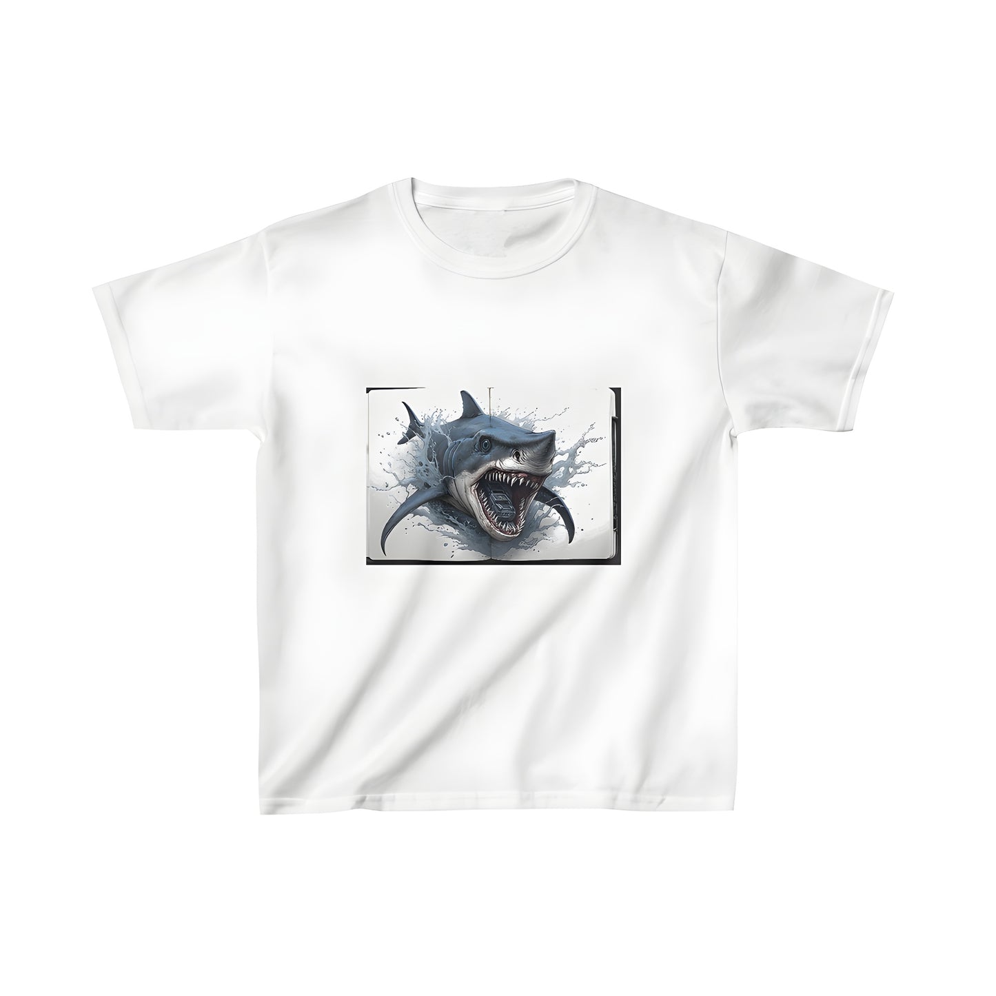 Kids t-shirt featuring a vibrant illustration of a shark attacking a car, showcasing bold designs for young explorers who enjoy humorous depictions of aggressive behavior and playful chaos