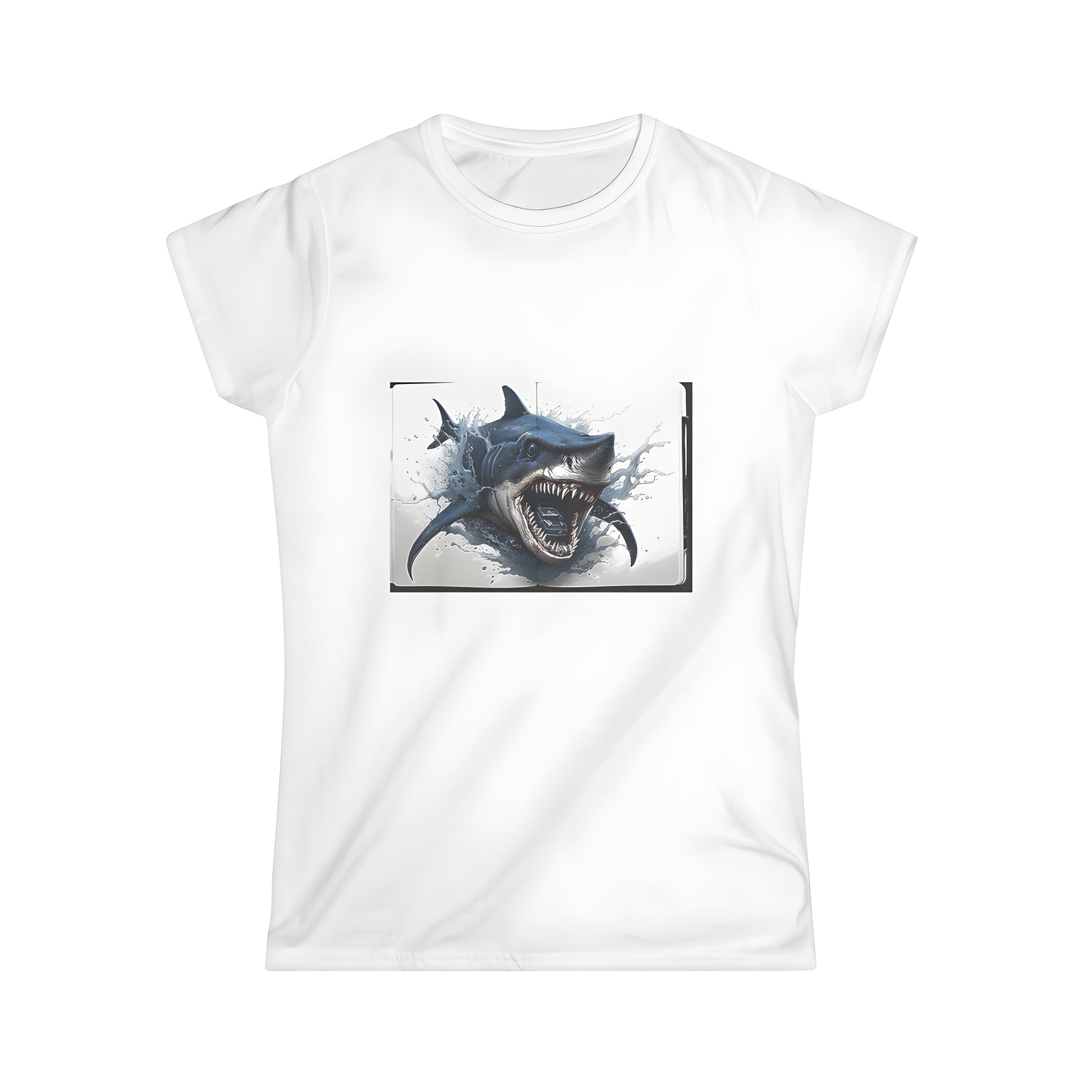 Women's T-shirt with aggressive behavior illustration design of shark attacking car