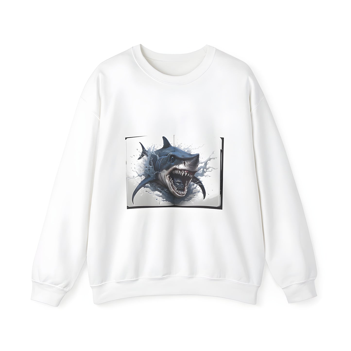 Adult sweatshirt with aggressive behavior design, featuring a shark attacking a car and water splashing