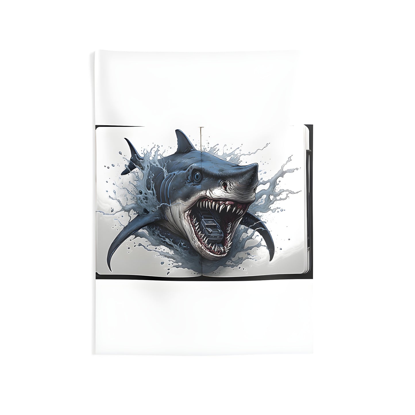 Indoor Wall Tapestry featuring a shark attacking a car: A bold, eye-catching design with vibrant colors and an intense scene of a shark biting down on a vehicle, splashing water everywhere. Perfect for fans of aggressive behavior, fierce designs, and edgy home decor.