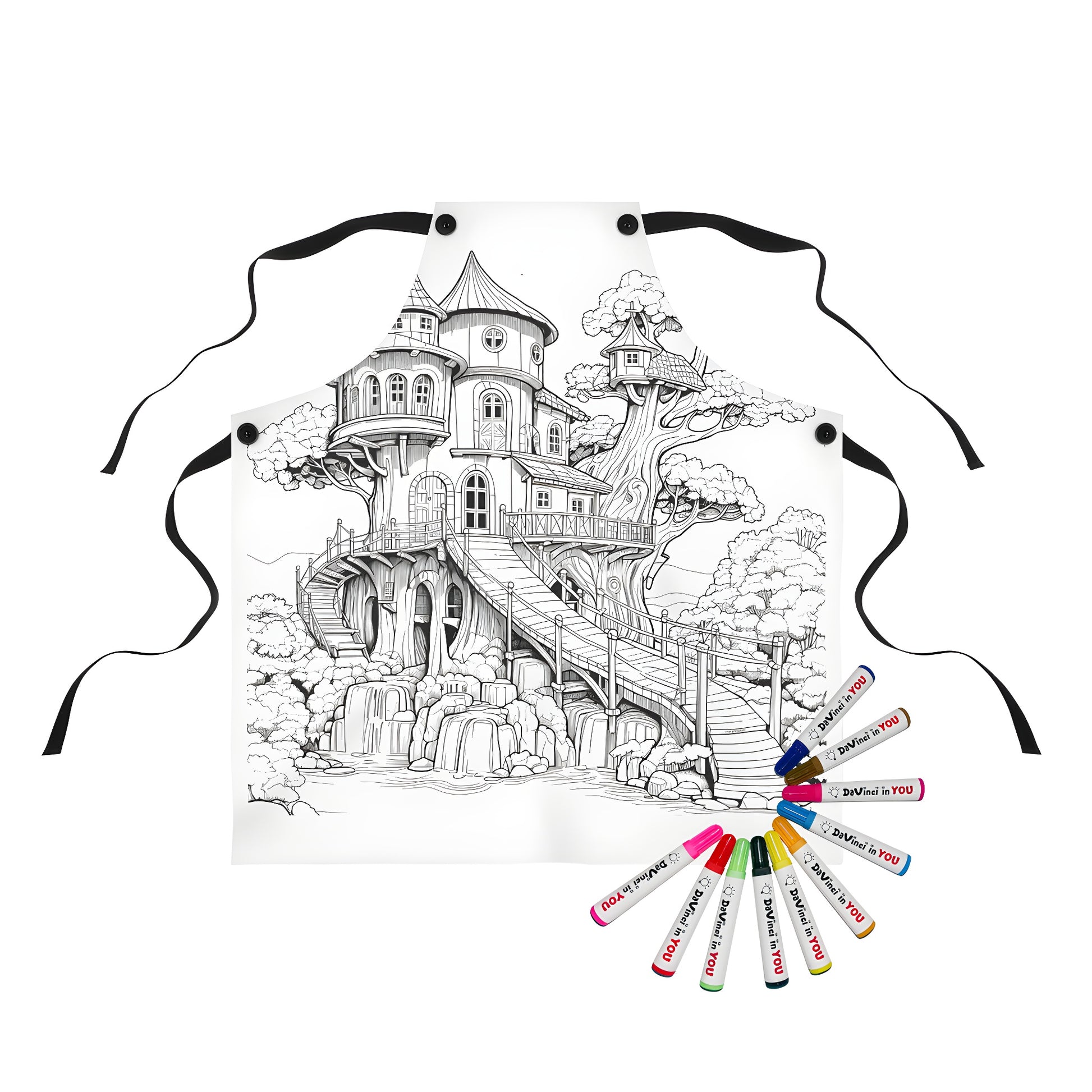 Coloring kit apron with intricate treehouse design featuring a wooden bridge and waterfall