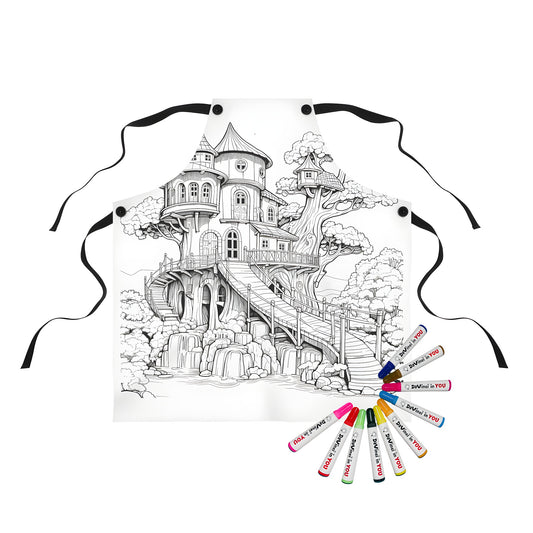 Coloring kit apron with intricate treehouse design featuring a wooden bridge and waterfall