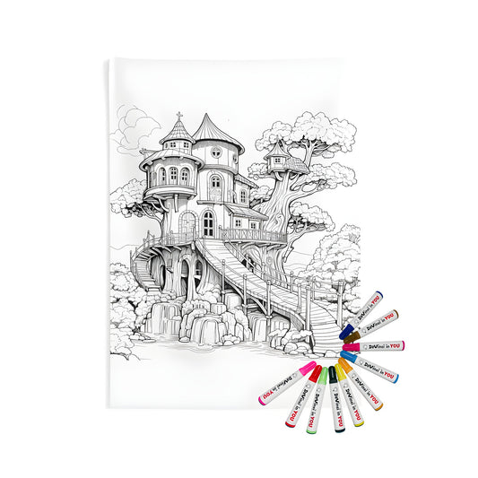 Indoor wall tapestries with treehouse design for kids' bedrooms - detailed black and white drawing