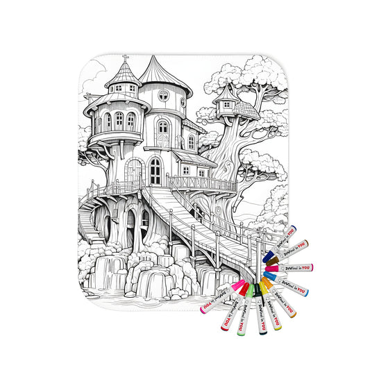 Blanket with a treehouse coloring page design, featuring a complex wooden structure with multiple floors, a bridge, and a waterfall in a forested area.