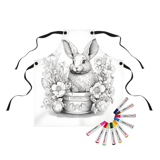 Apron with whimsical garden design featuring rabbit illustration