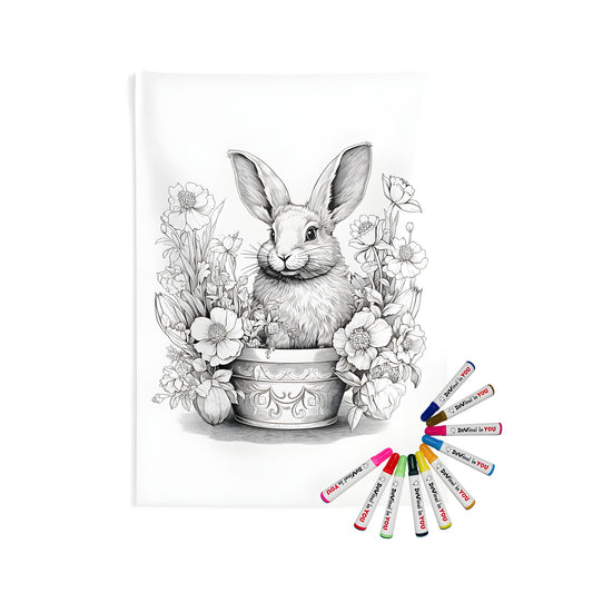 Indoor wall tapestries featuring intricately drawn animals in garden scenes. An intricately drawn rabbit sits in a decorative flower pot, surrounded by detailed blooming flowers.