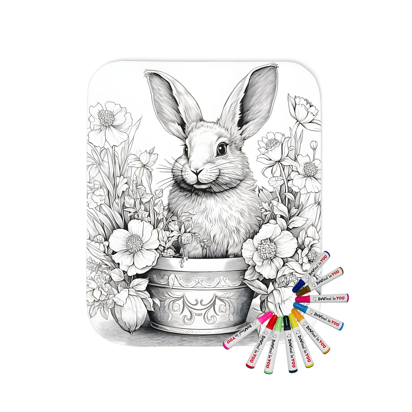 Blanket with garden scene, intricately drawn rabbit in flower pot, beautiful blooming flowers