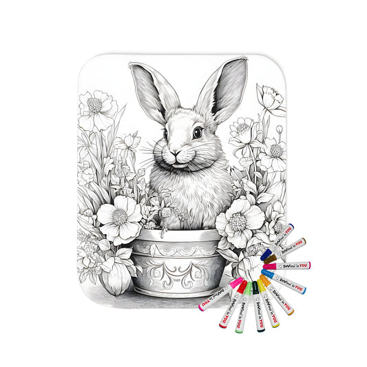 Blanket with garden scene, intricately drawn rabbit in flower pot, beautiful blooming flowers