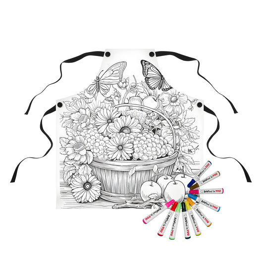 Coloring apron featuring a vibrant floral design with butterflies and flowers