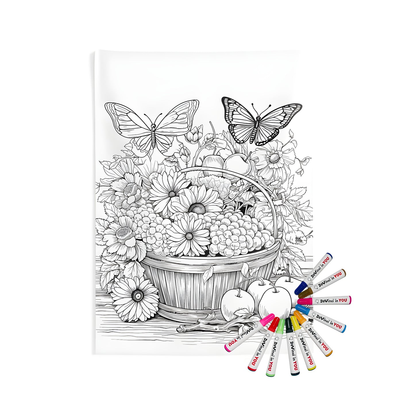 Indoor wall tapestries, detailed black and white illustration, basket filled with flowers, daisies, grapes, apples, butterflies