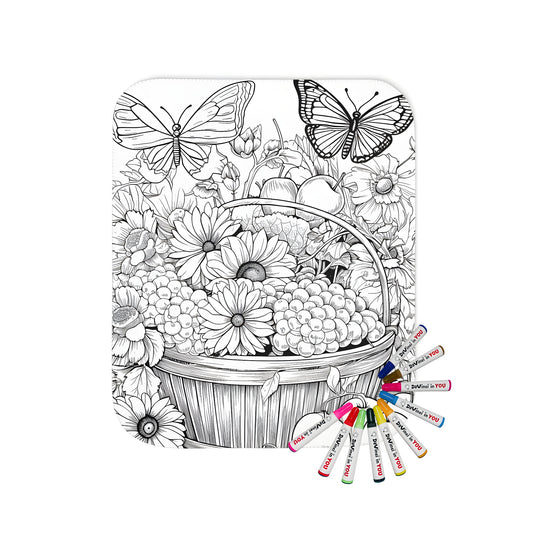 Blanket with a colorful basket of flowers and butterflies design