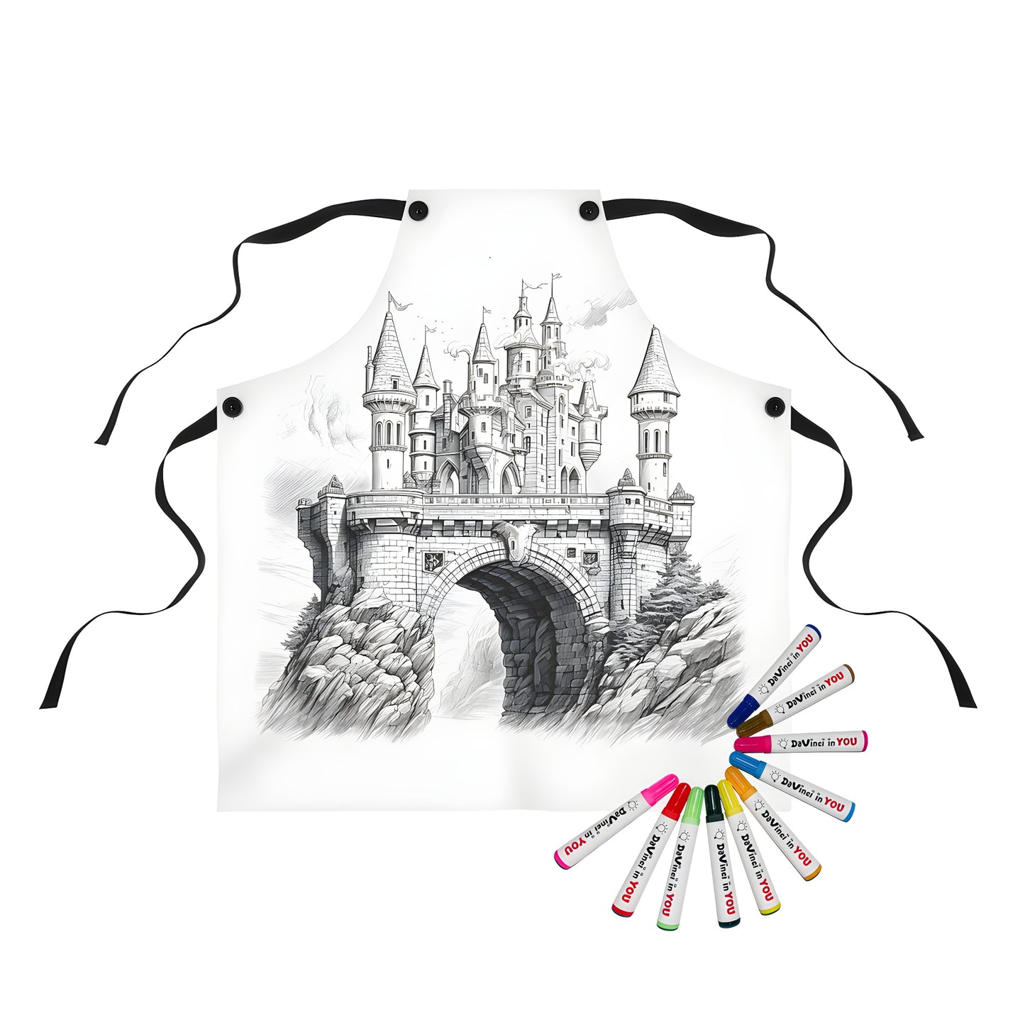 Apron with intricately detailed castle design, including turrets and rugged cliff backdrop