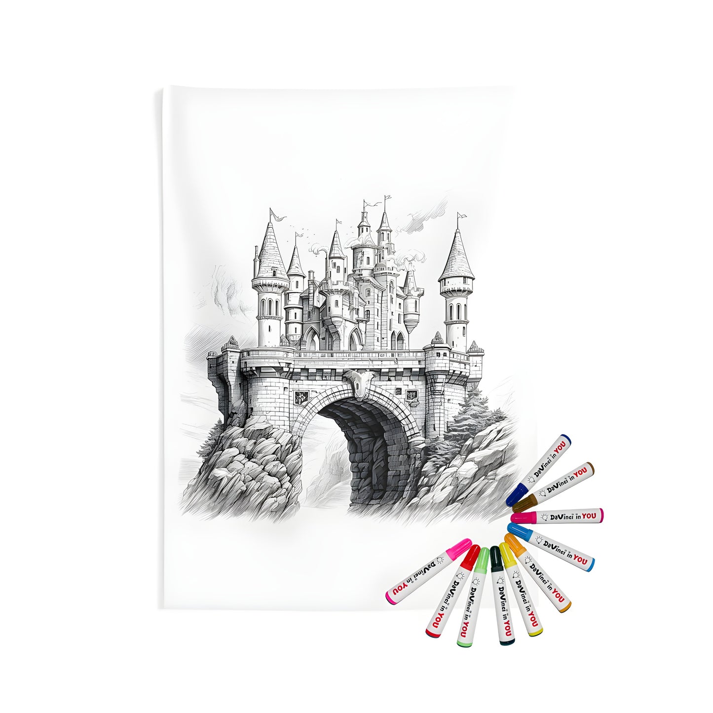 Indoor wall tapestry with intricate castle art, fantasy castle backdrop, medieval style illustration