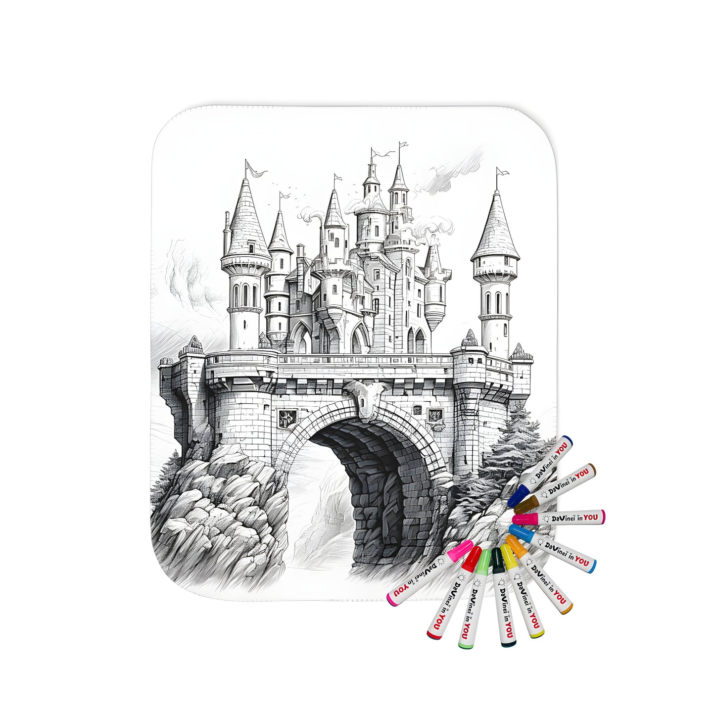 Coloring blanket featuring an intricate black and white fantasy castle design with turrets and bridge over rugged cliffs