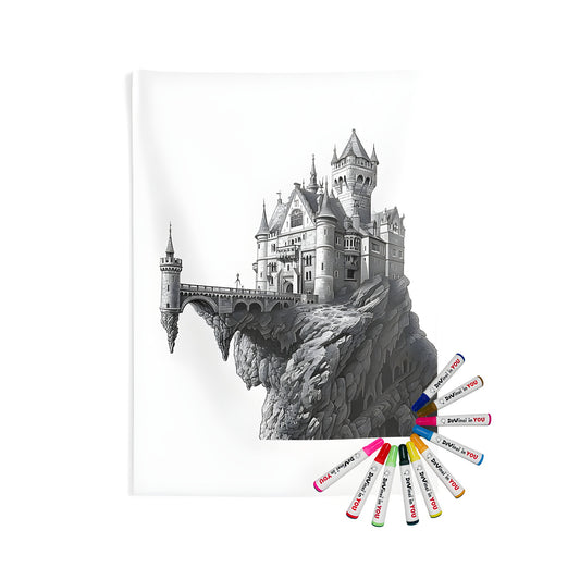 Intricate medieval castle perched atop a rocky cliff coloring page - Indoor wall tapestries with fabric markers