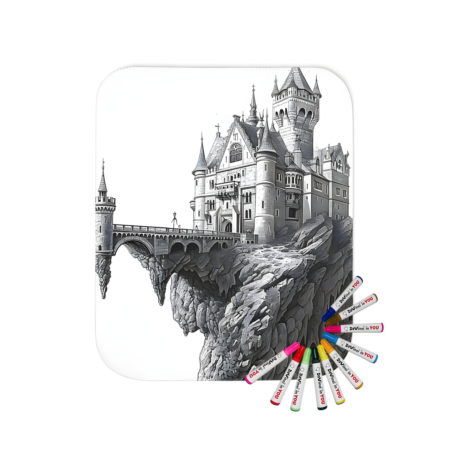 Blanket with Intricate Medieval Castle Design, Cliff Landscape, and Bridge