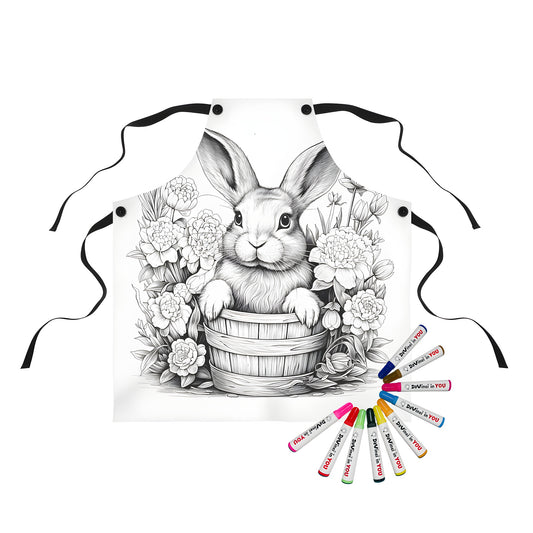 Coloring apron with bunny in bucket and flowers