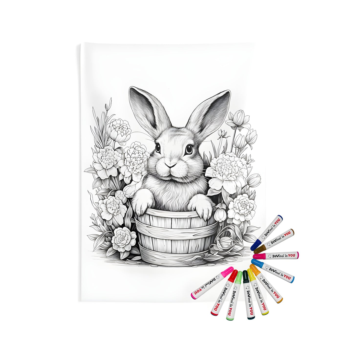 Serene bunny in bucket floral pattern indoor wall tapestry art