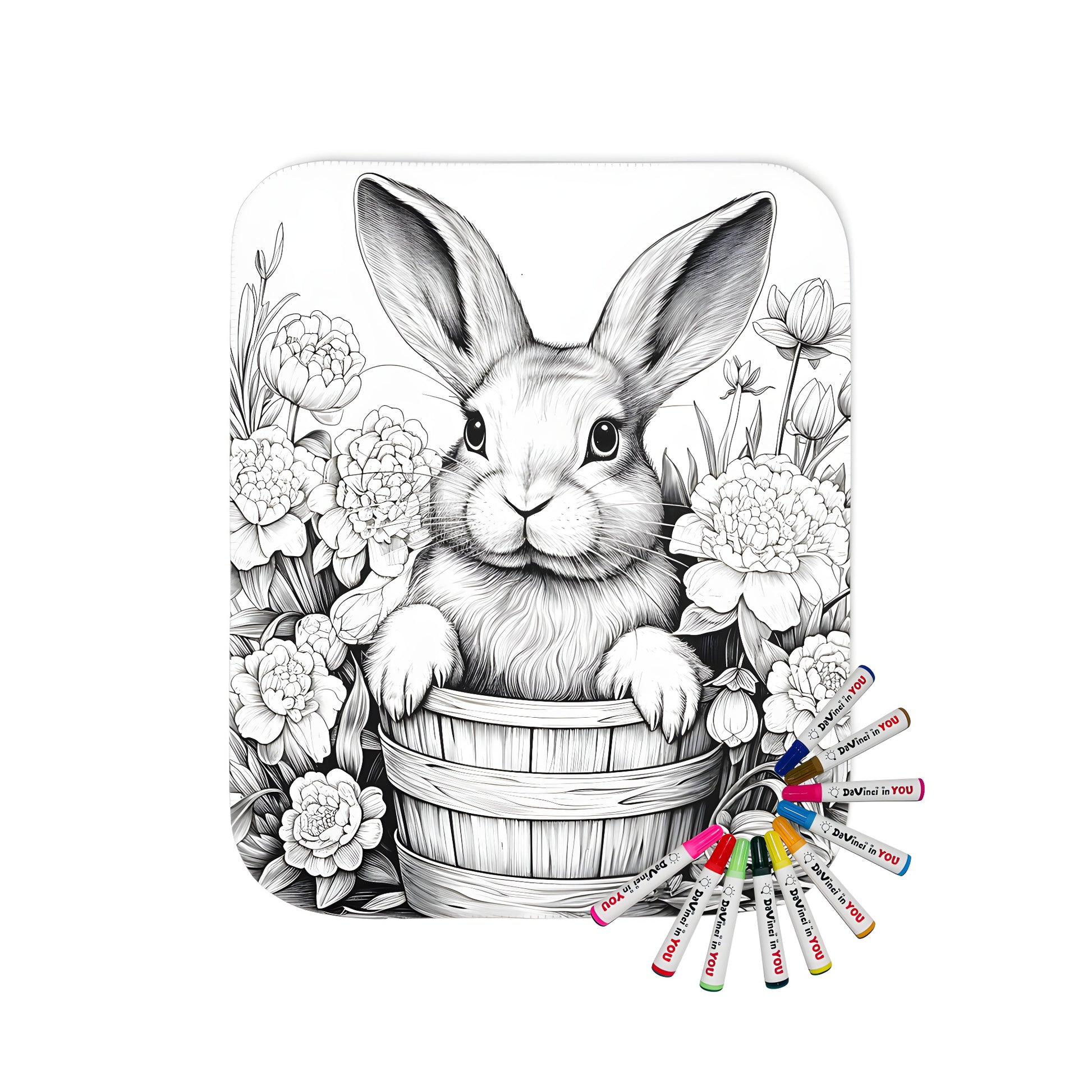 Cozy blanket with a cute bunny in a bucket surrounded by blooming flowers, perfect for springtime relaxation and coloring