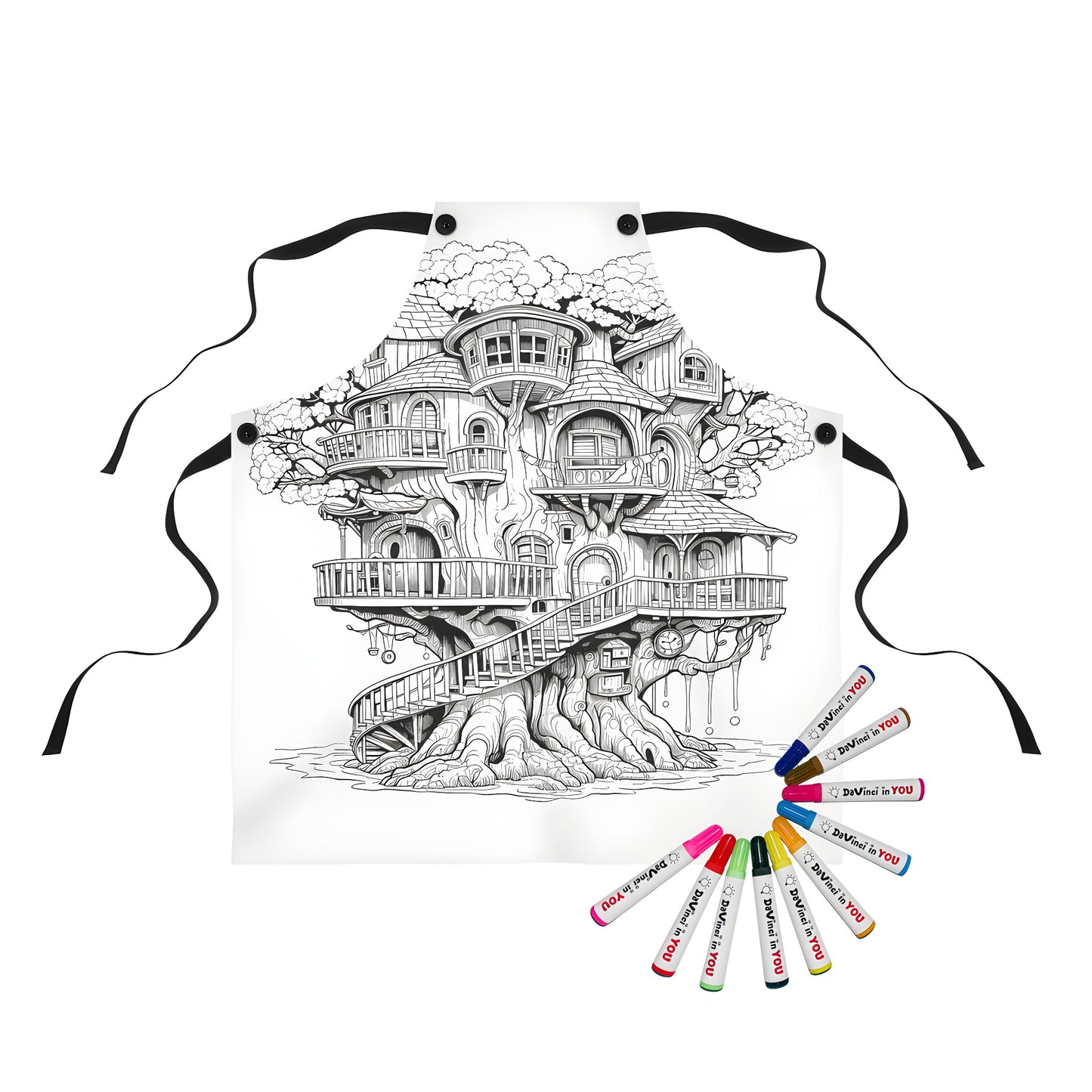 Detailed black and white treehouse illustration apron for kids, fantasy castle dress, whimsical adventure apparel